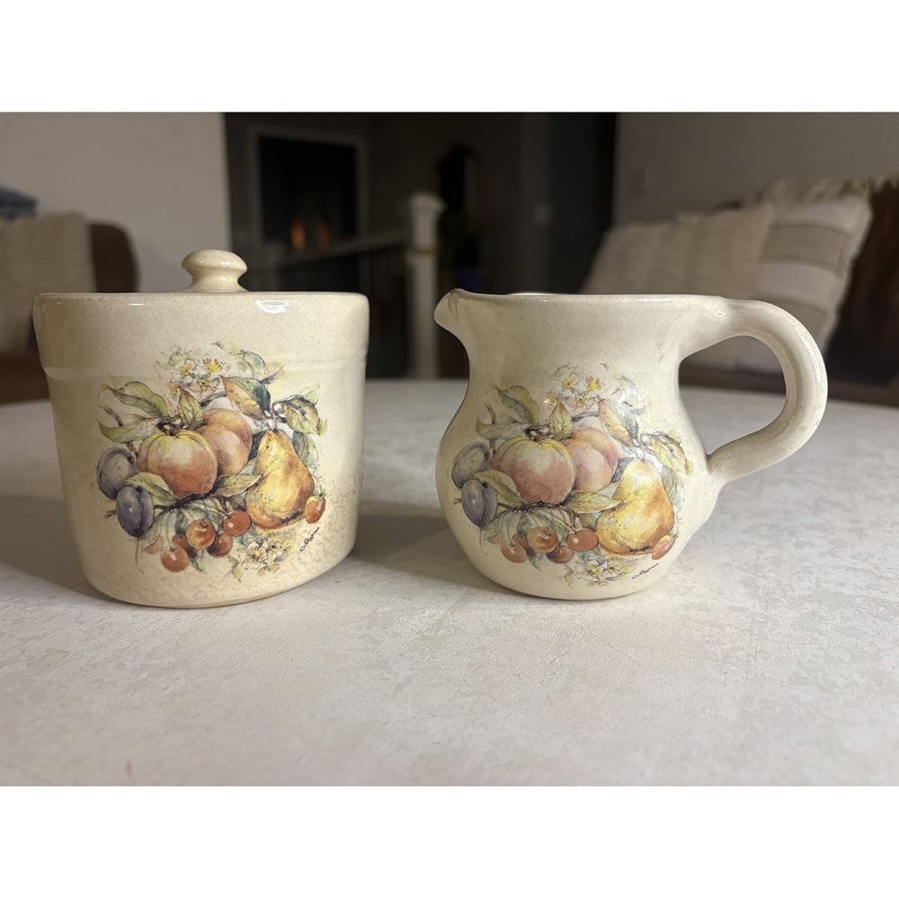 Marshall Pottery Shaker & Thangs Stoneware Creamer Sugar Set Fruit Motif Texas